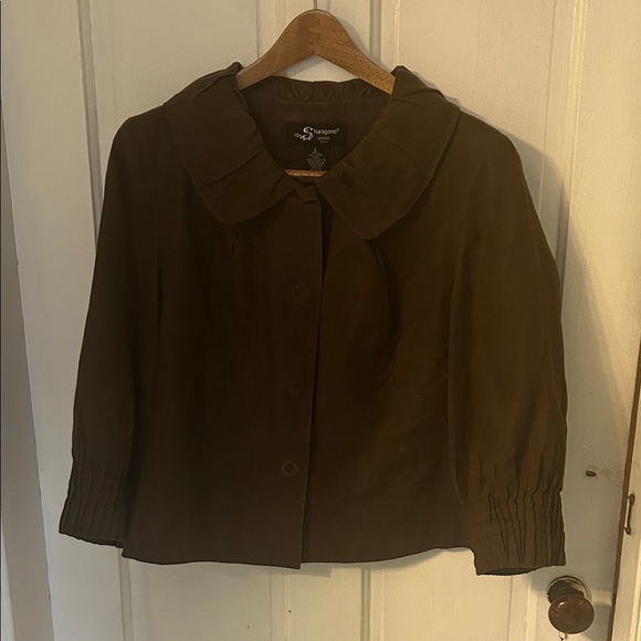 Sharagano Brown Linen Blazer with Wide Gathered Collar and 3/4 Length Sleeves. - Picture 1 of 5